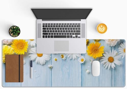 Desk Mat Flowers and Wood Large Keyboard Mouse Pad for Laptop PC Setup Desk Cover Protector Desk DéCor for Office Home Work Gaming 31.5" X 11.8" Stitched Edge Non-Slip Design
