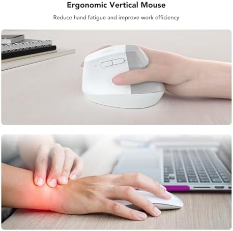 KYSONA EM18 Wireless Ergonomic Vertical Mouse, Ergo Design, Bluetooth Cordless Mouse for Medium/Large Hands, Silent Click, 5-Level Adjustable DPI, Carpal Tunnel Mice for Computer/PC/Mac/Laptop, White