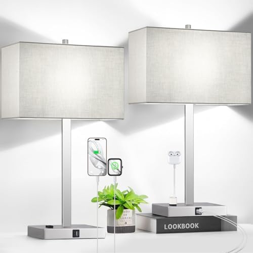 Lynnoland 21" Set of 2 Table lamp with USB A+C & AC Outlets, Touch Control 3-Way Dimmable Nightstand Lamps for Bedroom Living Room Office Reading, Gray Shade Touch Lamps, 5000K LED Bulbs Included