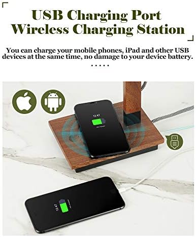ELYONA Touch Control Sapele Wood Desk Lamp with Wireless Charging & USB Port, LED Reading Task Light,Adjustable, Swing Arm Table Lamp for Bedroom, Study Work, Office, Dorm, Bulb Included, Black