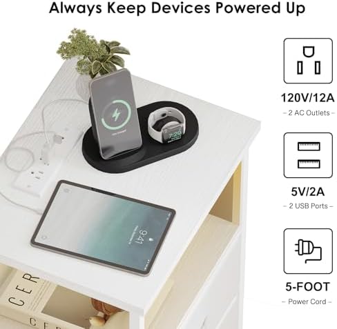 Fixwal Night Stand with Charging Station, White Led Nightstand, 2 Drawers