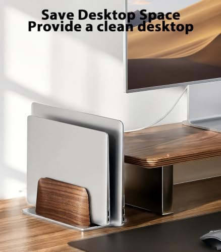 LOXP Vertical Laptop Stand, Dual Slot Wooden + Aluminum Laptop Holder