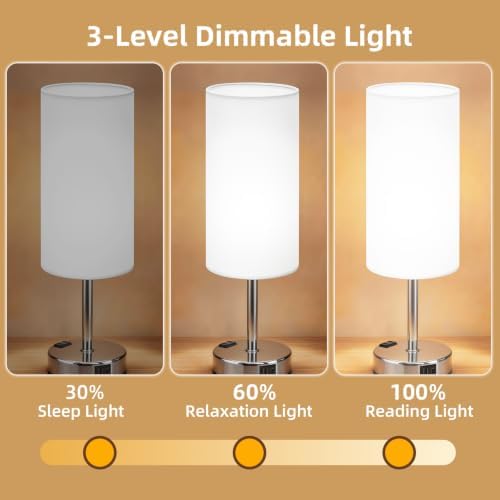 Table Lamp, Dimmable Touch, AC Outlet, USB A+C (White&Silver)