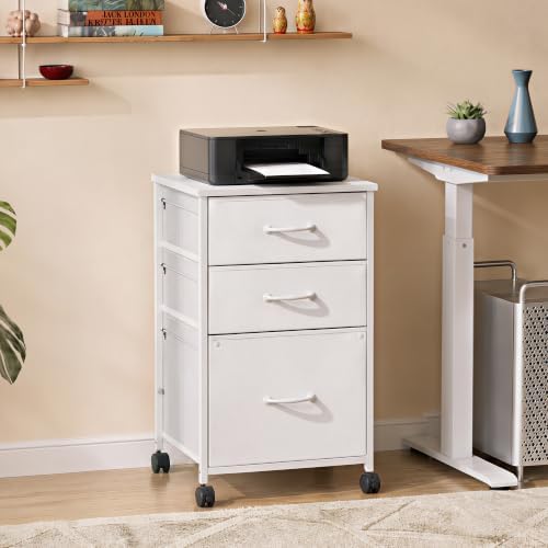 DEVAISE Mobile File Cabinet, Rolling Printer Stand with 3 Drawers, Fabric Vertical Filing Cabinet fits A4 or Letter Size for Home Office, White