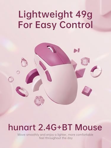 hunart H6 49g Wireless Mouse, Bluetooth & 2.4GHz, Rechargeable, Berry Pink