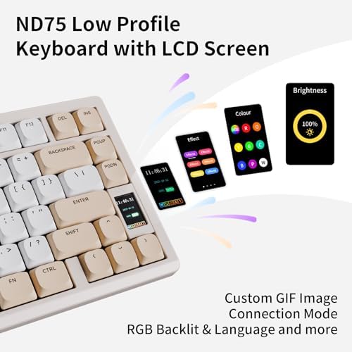 OOCTPK Mechanical Keyboard, Chilkey ND75 LP Wireless Gaming Keyboard with LCD Screen, Bluetooth 5.3/2.4G/USB-C, Hot Swappable Per-Key RGB Custom, Thin Front, Wrist Rest, Full-Aluminum, PC/Mac Support