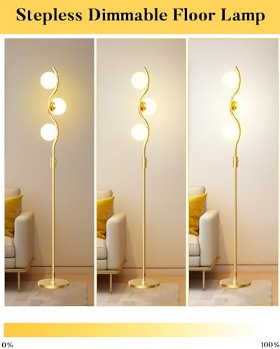 Lightdot 60IN Gold Floor Lamp Stepless Dimmable Globe Floor Lamps with 3Pcs 3000K Bulbs Included Eye-Friendly Mid Century Standing Lamps with 5Lbs Heavy Base for Living Room/Bedroom/Sofa Beside