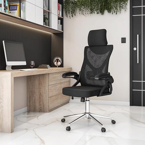 Mesh Home Office Desk Chair with Flip-Up Arms, Headrest & Lumbar Support