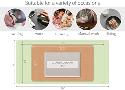 RENMTURE Dual-Sided Mouse Pad, Natural Cork & PU Leather Large Desk Pad for Office and Home Work, Desk Protector Non-Slip, Waterproof, Easy Clean (Light Green, 32"x16")