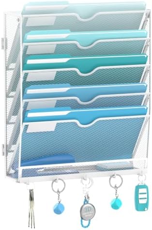 6 Tier Wall File Organizer - Hanging File Organizer with 5 Hooks, Mail Holder Wall Mounted for Papers, Folders, Magazines, Bills, Office&School Organization, White