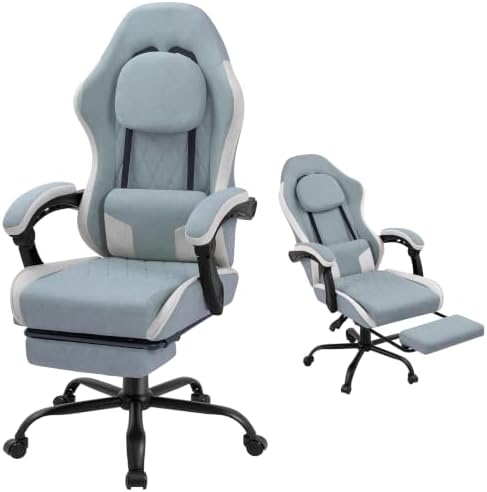 Gaming Chair for Adults, Fabric Gaming Chair with Footrest and Pocket Spring Cushion, Ergonomic Gamer Chair with Lumbar Support, Reclining Computer Gaming Chair with High Back, Blue