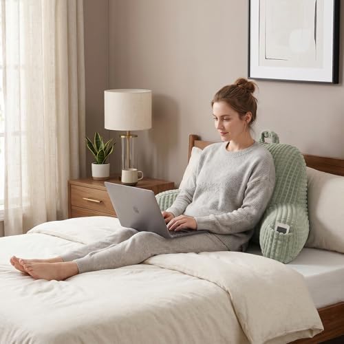 Reading Pillow with Arms for Sitting in Bed,Backrest,Green Flannel,M