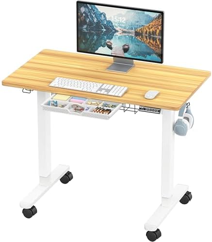 SHW Mobile Electric Height Adjustable Standing Desk w/Drawer, Walnut