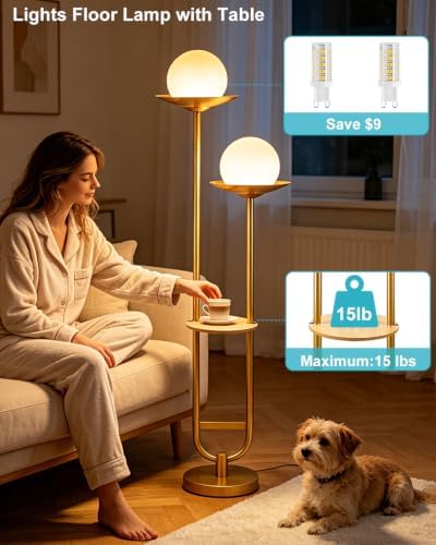 Lightdot 63IN 2 Globe Gold Floor Lamp Mid Century Standing Lamps Dimmable with 3000K Warm White LED Bulbs Unique Vintage Tall Floor Lamp with 5Lbs Heavy Base for Living Room/Wedding/Party
