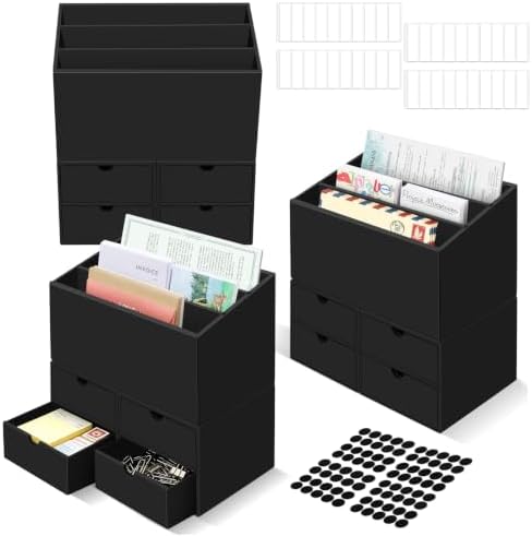 3 Sets Desktop Mail Organizer with Drawers, 3-Compartment Stepped Mail Sorter and 2-Drawer Storage Box for Bills, Letters, Envelopes, Papers, Home Office, Reception, Entryway and Mailroom