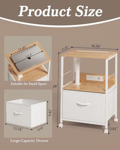 Faesun Night Stand with Charging Station & Swivel Top, Oak White
