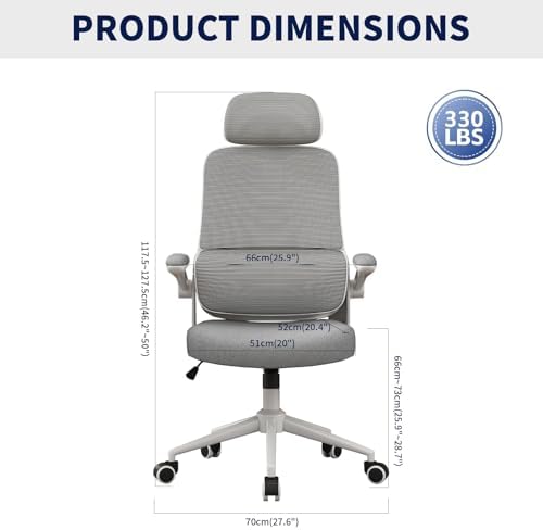 Ergonomic Office Chair - Desk Chair with Adjustable Headrest Lumbar Support Computer Chair - Mesh Comfy Chair with Flip-up Armrests - Gaming Chairs for Adults Home Office (White+Gray)
