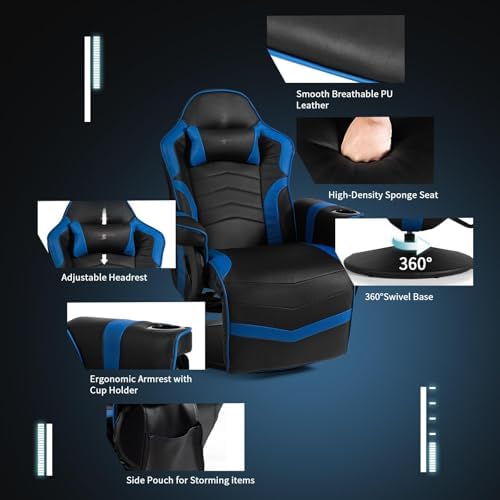 GYMAX Gaming Chair with Footrest, Massage Video Game Chairs for Adults with Remote, Adjustable Backrest, Headrest, Cup Holder & Side Pocket, Ergonomic High Back Office Computer Chair (Navy)