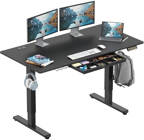SHW 55 x 28 Electric Height Adjustable Standing Desk w/Drawer, Black