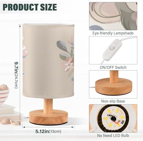 Bedside Lamp Monkey Pink Flower Table Lamp for Bedroom LED Nightstand Lamp Shade USB Ports Wood Base for Living Room Dorm Office