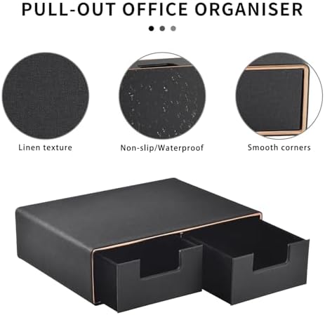 Linen Leather Desk Organizer and monitor stand with Drawers－Mini Desktop Drawer Organizer Stackable－Tabletop Organization Storage Box for Office Supplies Home Vanity Toiletries (Black, 2-drawers)