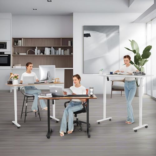 farexon Electric Standing Desk 71 x 28in with Outlets,Rolling Stand up Desk with Oversized Mouse Pad, Wheels,3 USB Ports & 3 Power Outlets,4 Preset Heights Easy to Set for Home Office(Brown)
