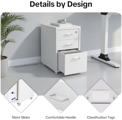 3 Drawer File Cabinet with Lock, Freestanding Filing Metal Drawers Organizer Vertical Metal Rolling Organizer Movable Under Desk Cabinet with Wheels for Home Office Living Room Study (3 Tiers White)