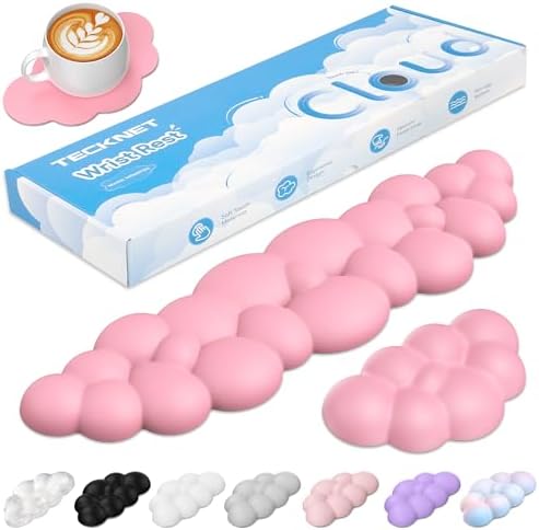 TECKNET Cloud Keyboard Wrist Rest Set, Cloud Wrist Rest with Non-Slip Base, PU Leather Wrist Pad for Keyboard with Ergonomic Memory Foam for Computer Laptop Office Gaming and Pain Relief, Dark Pink