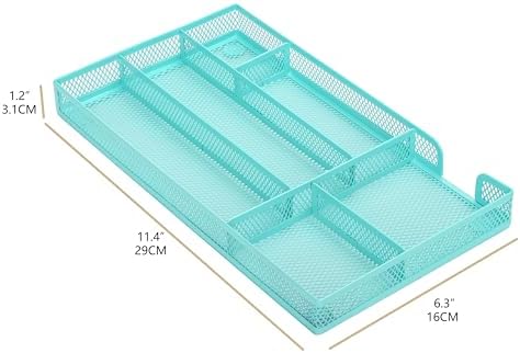 Annova Desk Drawer Organizer Tray for Office Organization - Metal Mesh - Storage Tray with Dividers for Pens, Desktop Accessories, Bathroom, Kitchen, Makeup and Office Supplies (Small, Turquoise)