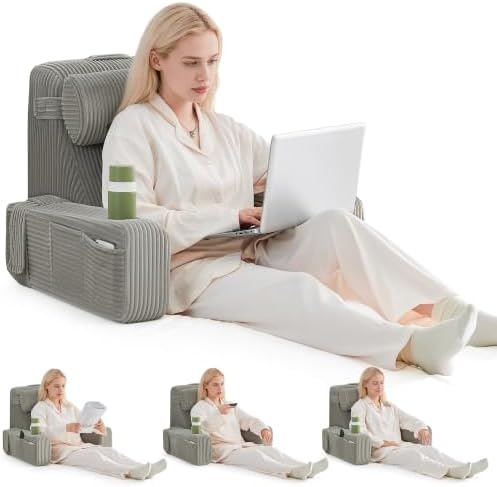 Reading Pillow for Bed, Back Pillow for Bed Sitting Up, Bed Pillows for Sitting Up with Adjustable Armrests, Cup Holder & Large Pocket, Backrest Cushion for Reading, Watching TV (Grey, 4PCS)