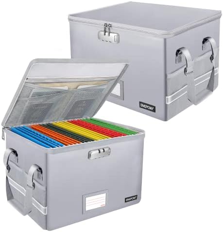 ENGPOW File Box with Lock, Fireproof Document Box with Pockets, Collapsible File Organizer Filing Storage Cabinet with Handle, Portable Home Office Safe for Hanging Letter/Legal Folders,Silver,2 Pack