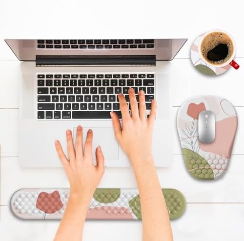 Ergonomic Mouse Pad and Keyboard Wrist Rest with Massage Design, Space-Saving Mouse Pad Wrist Support, Memory Foam Wrist Rest with Non-Slip PU Base for Computer Desk, Rose