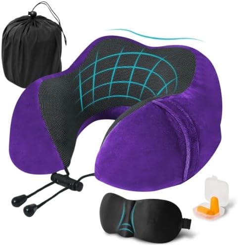 Travel Pillow, Memory Foam Neck Pillow for Traveling, U Shape Neck Pillow Airplane Portable Flight Pillow Travel Kit with 5D Contoured Eye Masks and Earplug for Plane Train Car Home Office