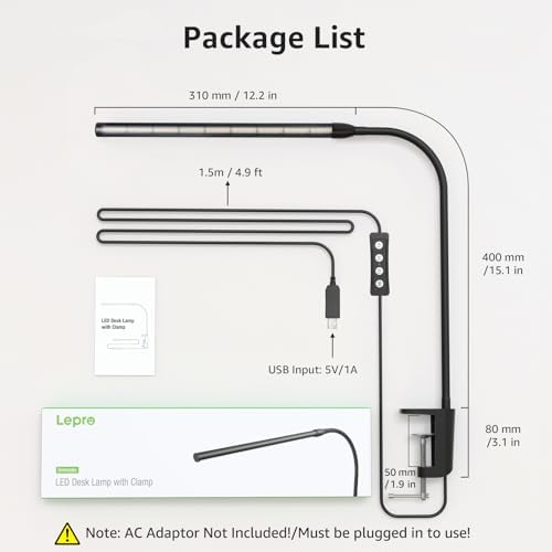 Lepro Clip on Desk Lamp, LED Reading Light with Clamp, 460LM 5W, Black