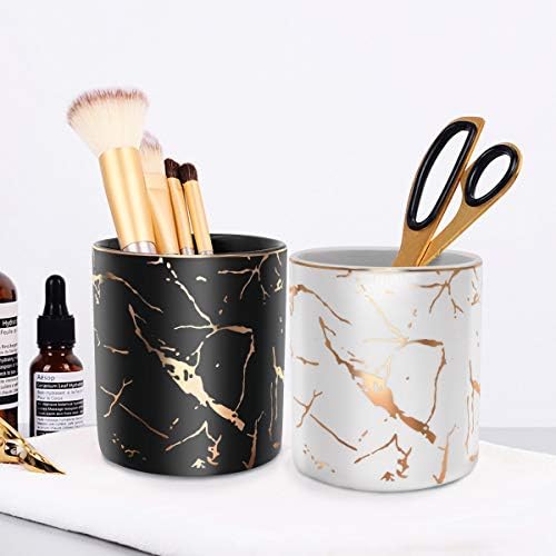 Pencil Cup, Pen Holder for Desk, Pen Pencil Stand Holder for Desk, WAVEYU Office Desk Organizer for Girls Women Kids Ceramic Glitter Marble Makeup Brush Holder, Black (Upgrade Style)