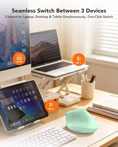 KYSONA Ergonomic Mouse Wireless, Bluetooth Vertical Mouse, 5-Level Adjustable DPI, 2.4G Silent Switch Mice for Windows, MacOS, IPadOS, Laptop, PC, Green