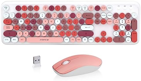 Cute Wireless Keyboard Mouse Combo,Colorful Round Keys,for Long Nails,Pink