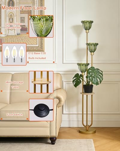 Lightdot Green Flower Glass Floor Lamp with Table Gold Floor Lamp 3-Light