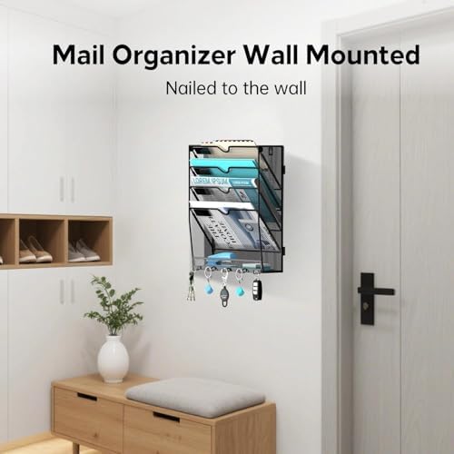 5-Tier Wall File Organizer and Mail Organizer with 5 Hooks, Black