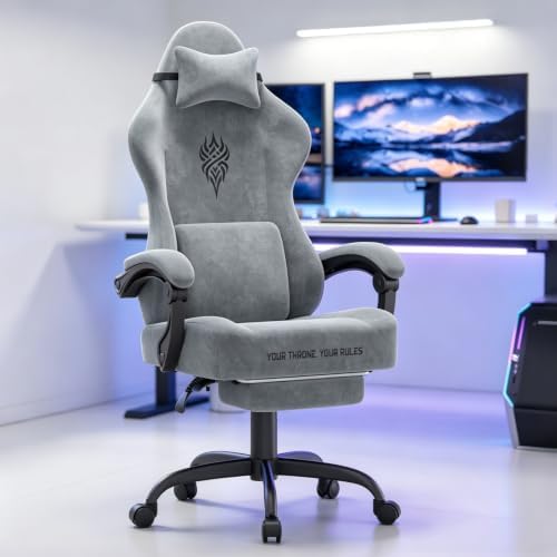 Ferghana Velvet Gaming Chair, 20.5 Inch Extra Wide Seat, Fire Embroidery Ergonomic High Back Computer Chair with Footrest, Massage Lumbar Support Reclining Gaming Chair for Adults, Grey