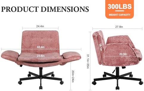 Criss Cross Chair with Wheels & Arms, Chenille Cross Legged Office Chair with 5-level Folding Armrest, Comfortable Adjustable Swivel Vanity Chair for Home, Make Up, Bed Room, Office, Accent (Pink)