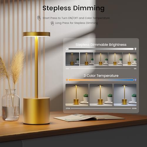 SAKRINGT Cordless Table Lamp Rechargeable, 5000mAh Battery Operated Portable Table Light,Dimming LED Table Lamp for Restaurant/Patio/Outdoor(Gold)