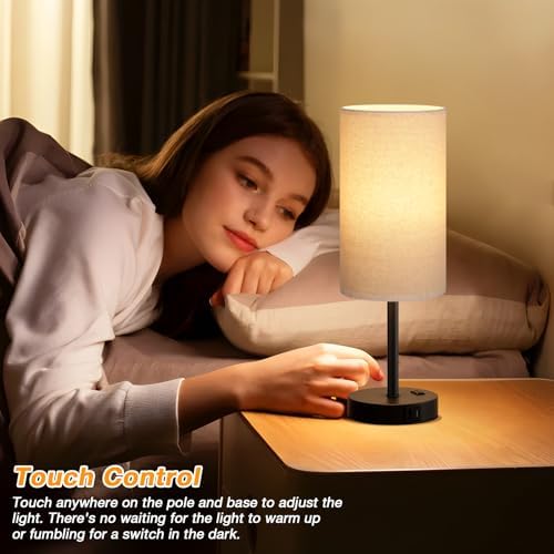 Dicoool 17.4" Bedside Lamp for Bedroom - Dimmable Touch, USB A+C, AC Outlet