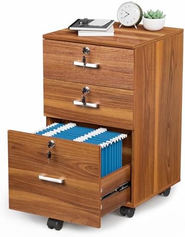 VINGLI 3-Drawer File Cabinet with Lock, Wood Rolling Filing Cabinets for Home Office, Mobile Printer Stand, Under Desk File Organizer for Letter Sized Files, 26" H(Caster Included), Walnut