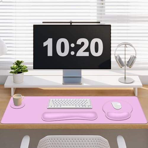 4 PCS Mouse Pad Desk Mat Protector, Keyboard Wrist Rest + Comfortable Mouse Pad with Wrist Rest +Coaster, Large Gaming Mousepad for Computer Laptop, 35.4" X 15.7" XXL Deskpad for Office Home I Lilac
