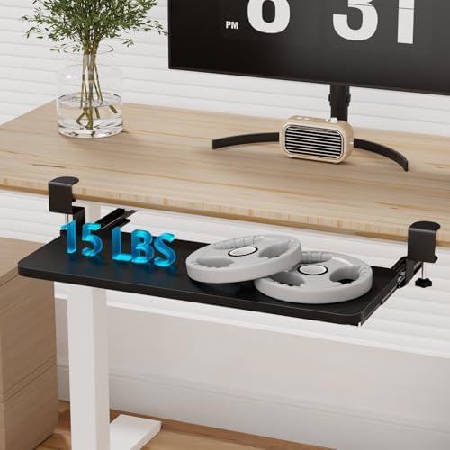 Under Desk Keyboard Tray with Adjustable C Clamp - Ergonomic Slide-Out Carbon Steel Tray No Drill Installation 25.6"x9.8" Workspace Extender for L-Shaped & Standard Desks Black