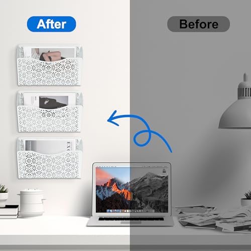 EasyPAG 3 Pack Hollow Design Wall-Mounted File Organizer - Heavy Duty Metal, Vertical Space Saving, Letter Size Single Pocket Holder for Office, Home, School, White
