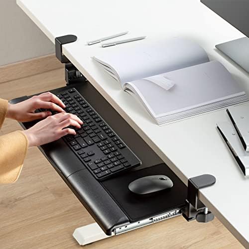 Kantek Desk Clamp Tilting Keyboard Tray, 5 Tilt Angles, Negative and Positive Tilt, Slides Under Desk, 26.8-Inch W x 11.1-Inch D, Black (KT175)