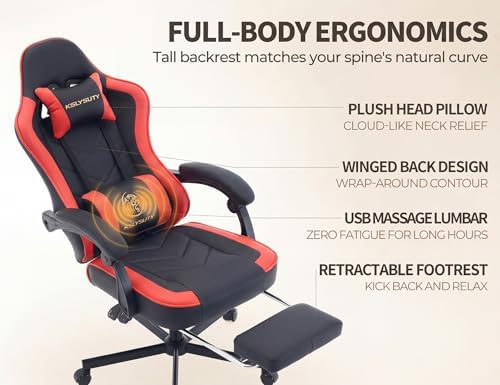 Office Desk Computer Gaming Chair for Adults, Ergonomic High Back Gamer Chair with Massage and Pocket Spring Cushion, Swivel Comfy Video Game Chairs with Footrest and Lumbar Support (Black Red)