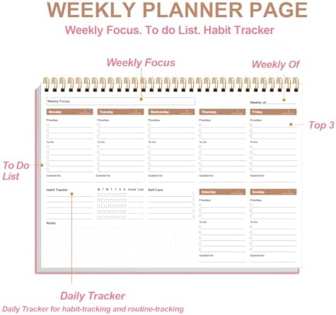 Weekly Productivity Planner - 8" x 11" Dashboard Desk Pad/Planner, Habit Tracker, Spiral Undated Weekly Planner for Office/School/Home, 54 Weeks, Pink